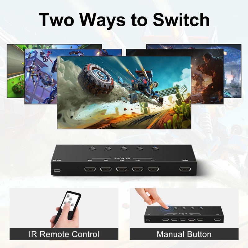 Arector 8K 5 in to 1 Out HDMI Switcher，5 Way HDMI Converter & Infrared Remote Control - Ideal for Nintendo Switch/OLED/Xbox PS5/4/3 Blu-Ray Player Fire TV Stick Roku Apple TV Chromecast PC - Image 4